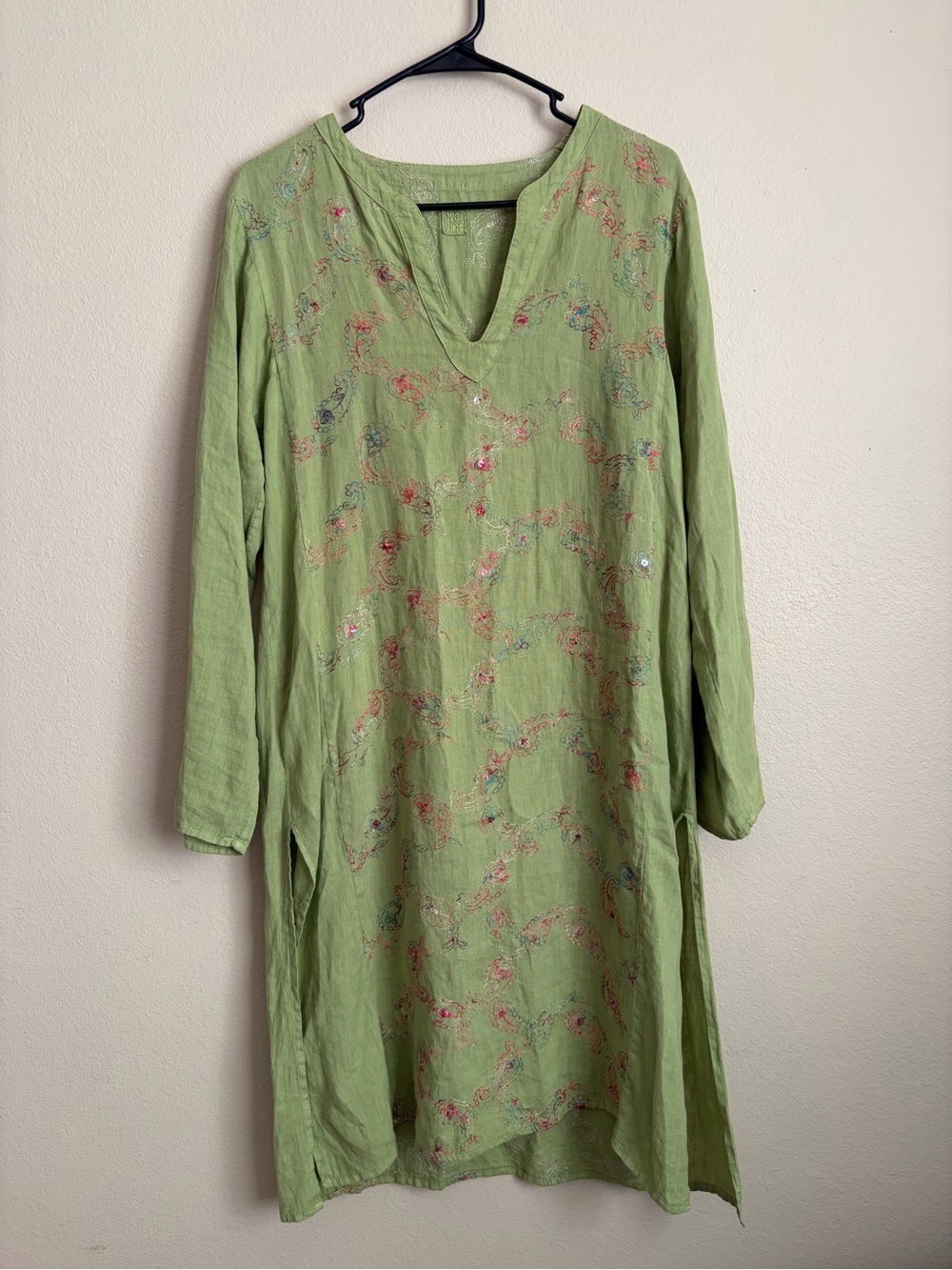 120% Lino Green Embroidered V-Neck Linen Dress Paisley Tunic
